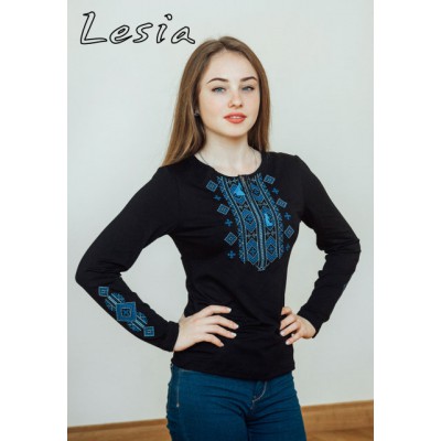 Embroidered t-shirt with long sleeves "Gutsul Ornament" blue on black